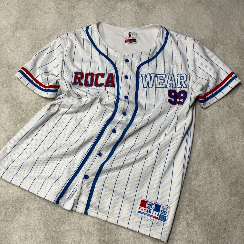 Vintage Rocawear 99 Baseball Jersey Pinstripe White Y2K Hiphop Mens XL